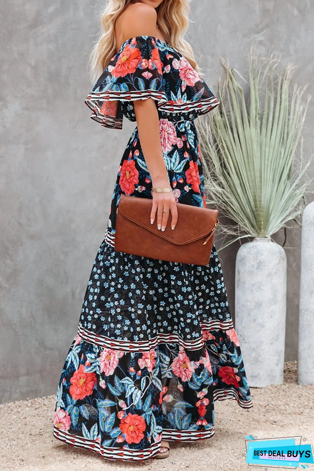 Fashion Street Print Off the Shoulder A Line Dresses(6 Colors)