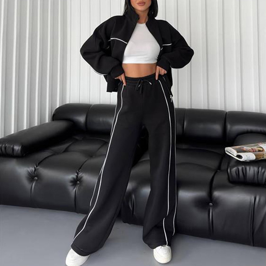 Casual Set Long Sleeve Half High Neck Cardigan Sweatshirt Lace Up Striped Pants