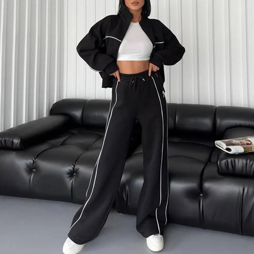 Casual Set Long Sleeve Half High Neck Cardigan Sweatshirt Lace Up Striped Pants