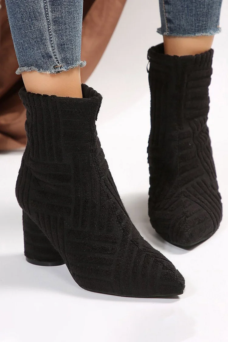Daily Textured Pointy Toe Side Zipper Chunky Heel Ankle Boots 2024 - Xpluswear