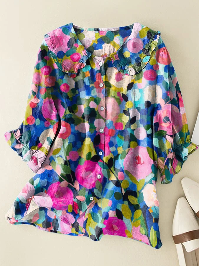 Floral Cotton and Linen Loose Peter Pan Ruffle Collar Shirt