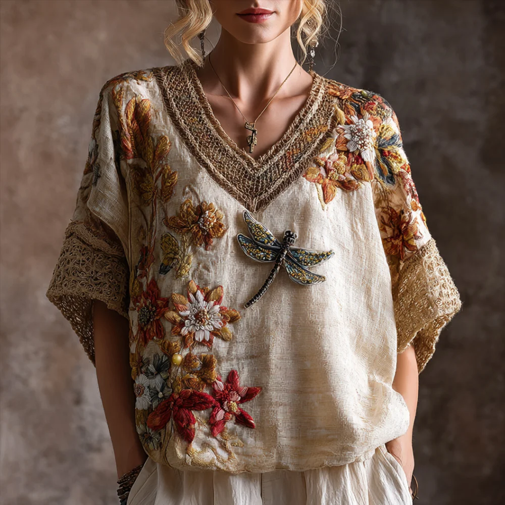 Bohemian Style Three-dimensional Dragonfly Embroidery Linen Texture Vintage V-neck Short-sleeved Shirt