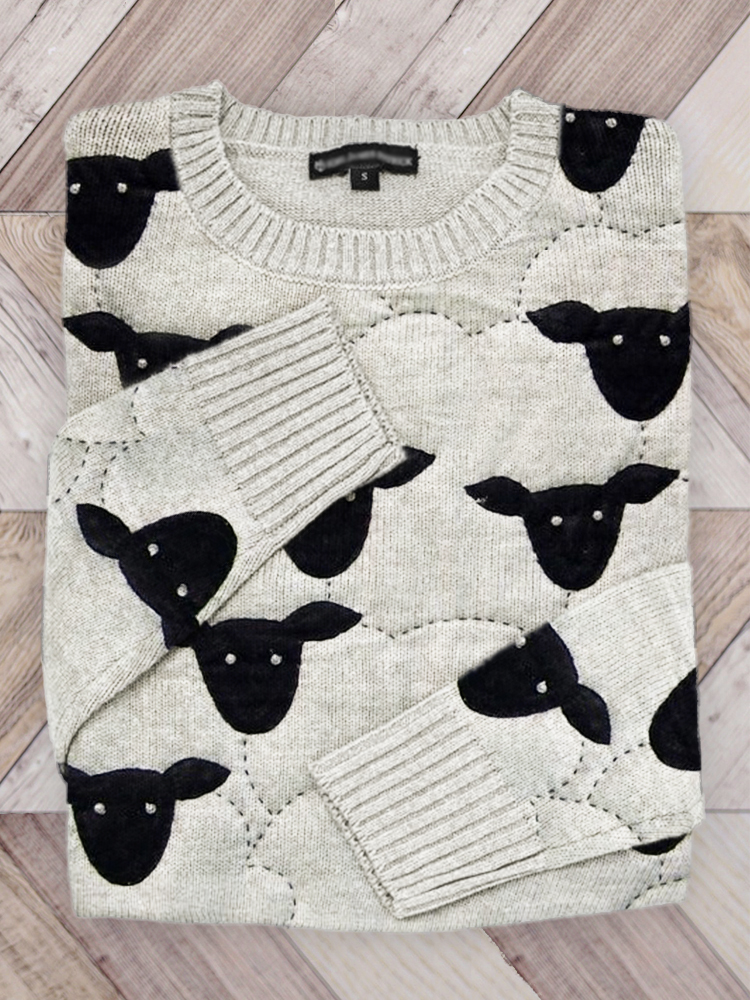 Comstylish Crowded Sheep Embroidered Patchwork Knit Sweater