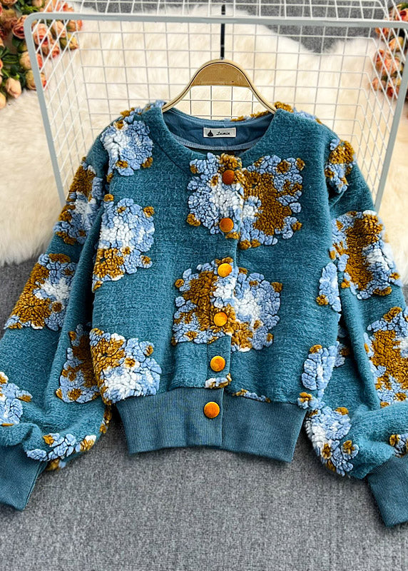 VCSHOES Blue O-Neck Fluffy Floral Button Knit Sweaters Spring