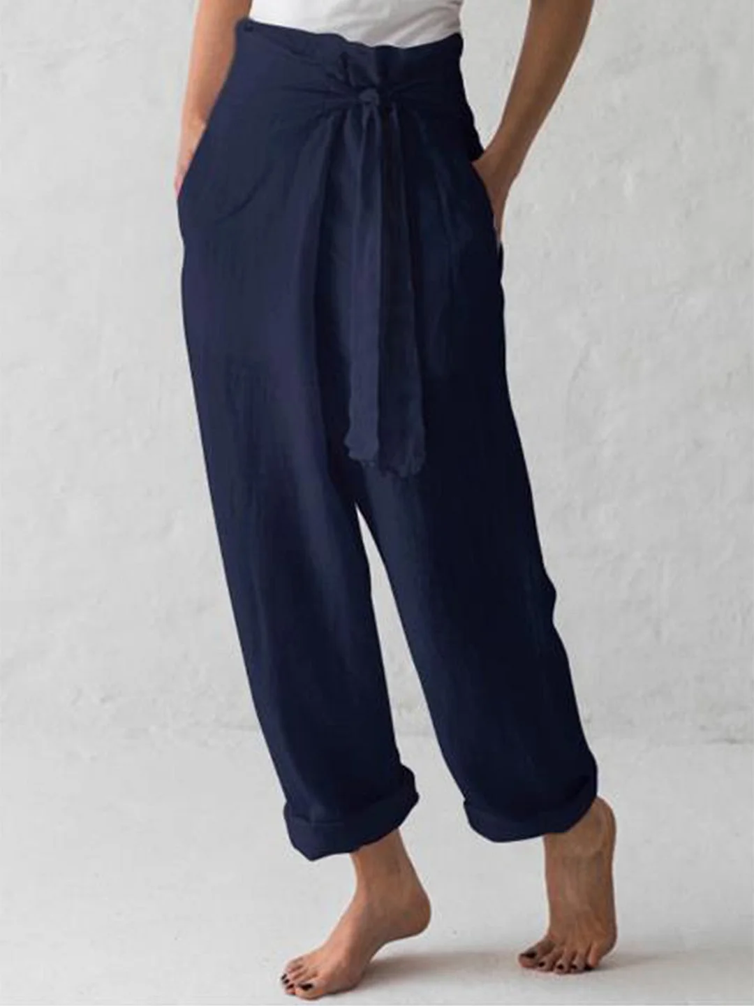 Women Cotton-Blend Linen & Cotton Pants With Belt