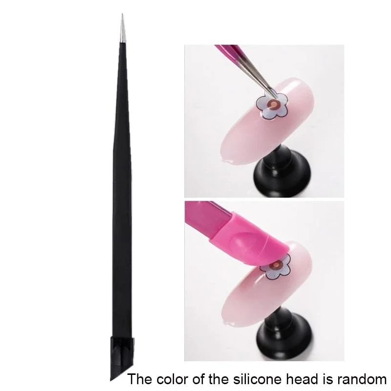 Straight Nail Tweezers with Silicone Pressing Head for 3D Sticker Rhinestones Water Sticker Picker Nails Tools Stainless Steel-Nail Inspo