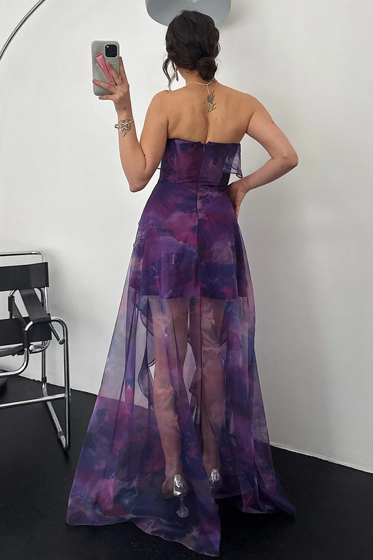 Ruffled Slit Sheer Hem Strapless Floral Print Maxi Dresses-Purple [Pre Order]
