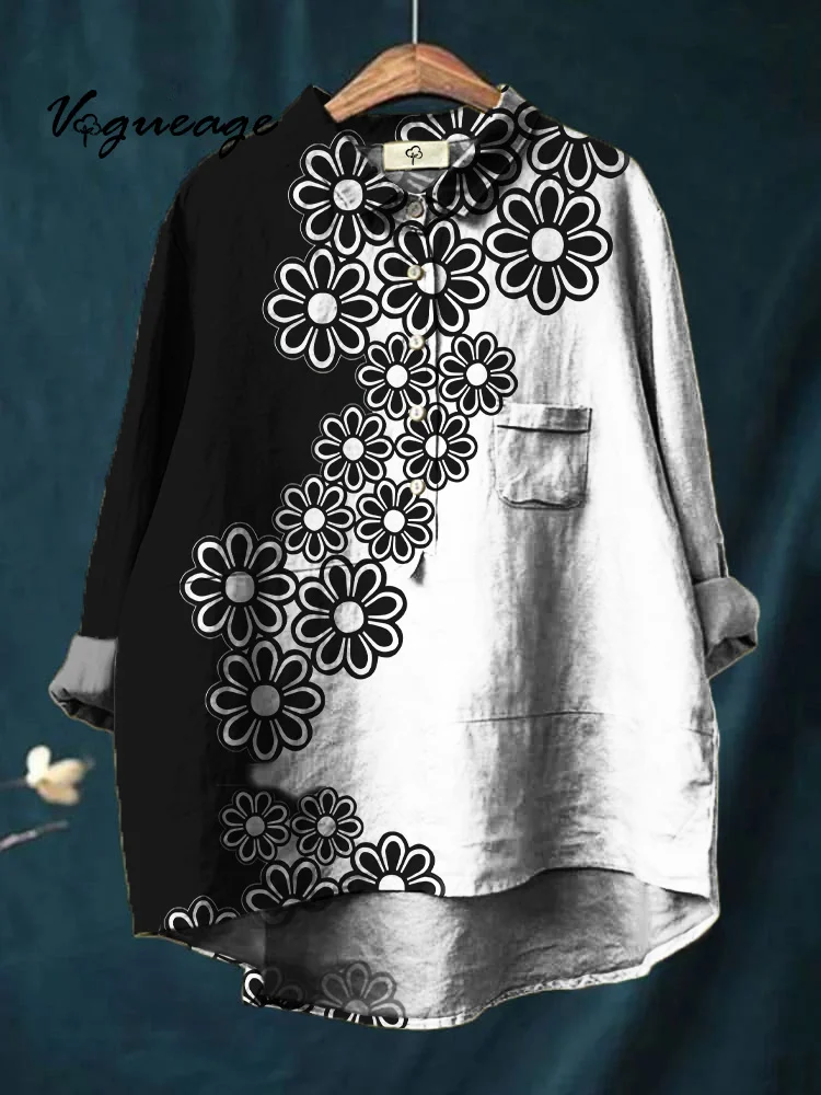 Women Contrasting Black And White Printed Cotton And Linen Shirt