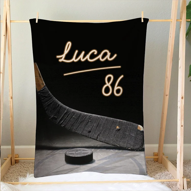 Personalized Hockey Blanket, Stick and Puck Soft Cozy Blankets | BKKid353