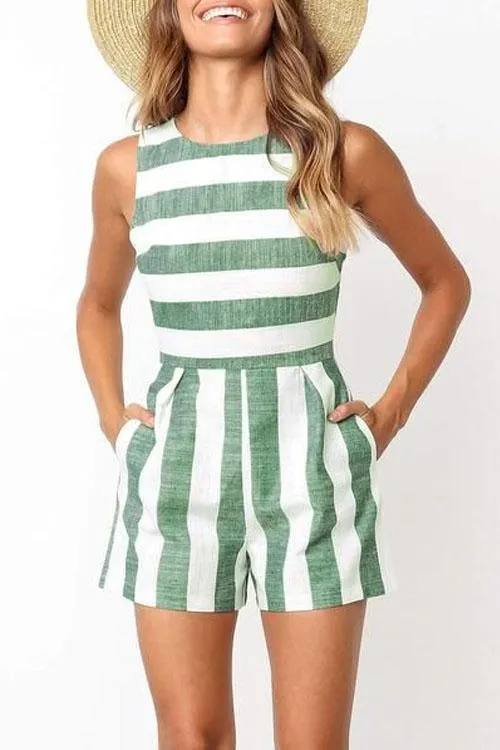 Wide Striped Pocket Romper
