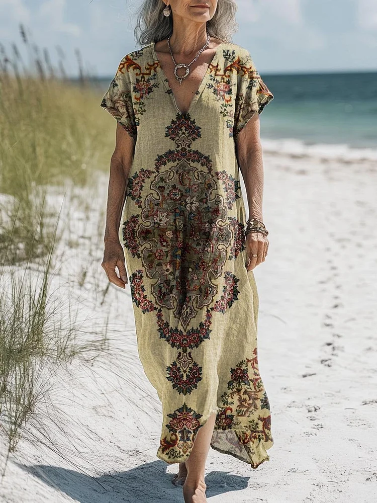 Women's Vintage Lovely Floral Art Print Pocket Cotton Dress