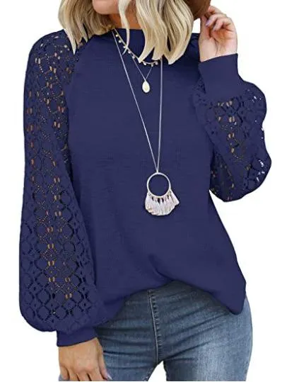 2022 New Solid T Shirt Women Fashion Lace Patchwork O Neck Long Sleeve Streetwear Loose Tops Female Casual Oversized Tee Shirt