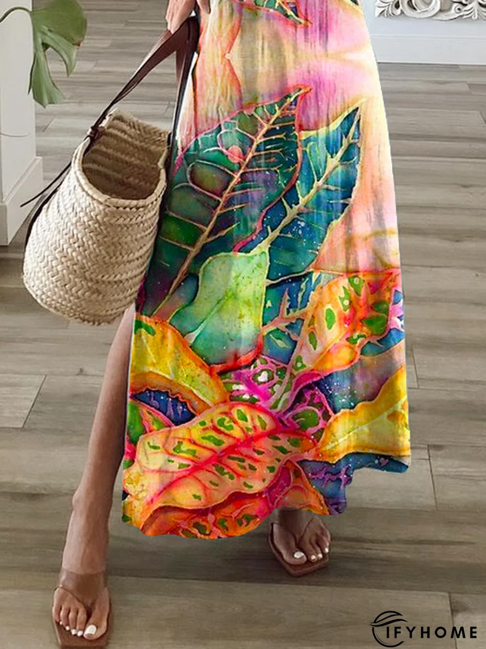 Boho Plants Printed V Neck Short Sleeve A-Line Knitting Casual Dress | IFYHOME