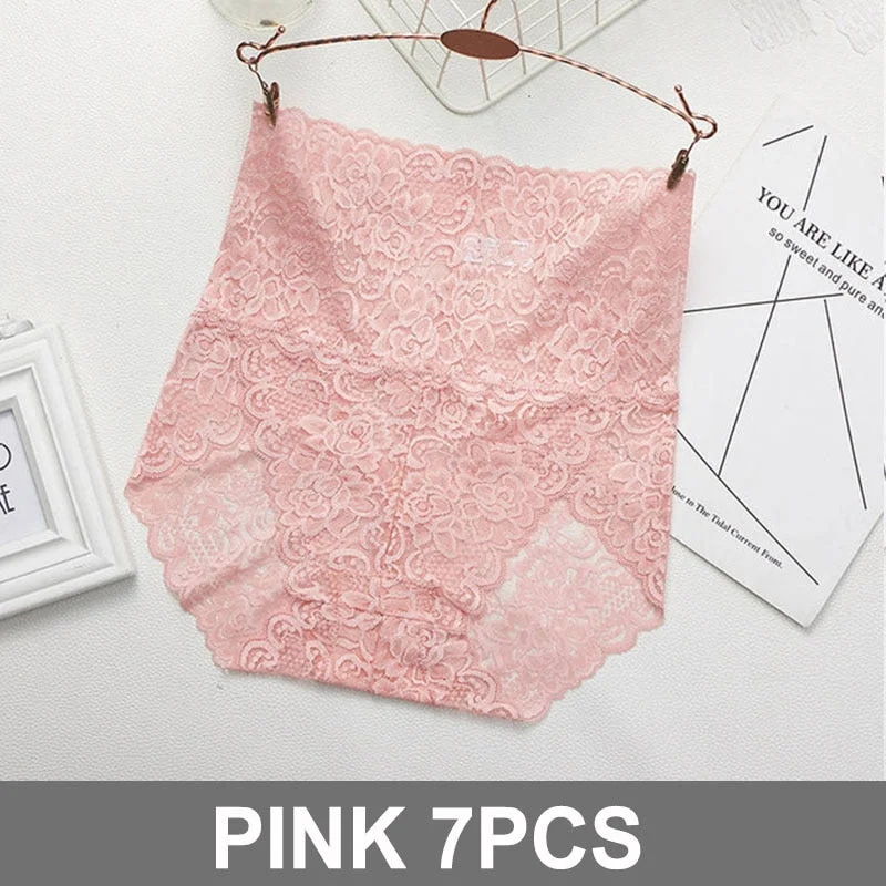 7PCS High Waist Panties Women Lace Sexy Underwear Female Floral Perspective Lingerie Briefs Underpants Plus Size Pantys M-XXXL