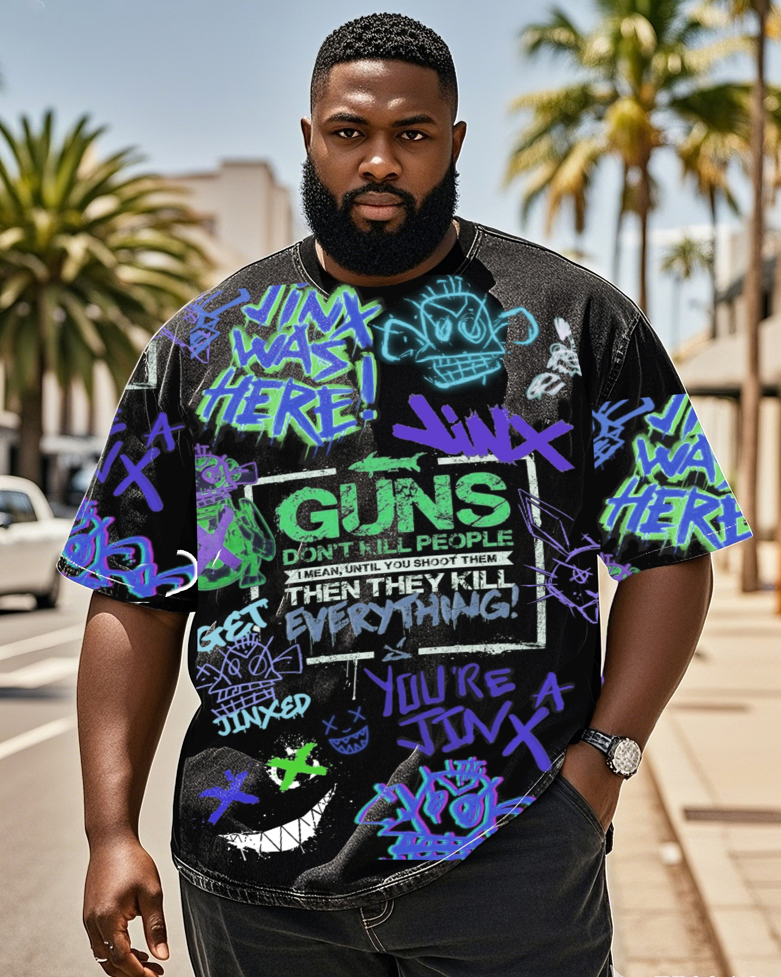 Plus Size Men Street Fashion Graffiti Denim Short Sleeve T-Shirt
