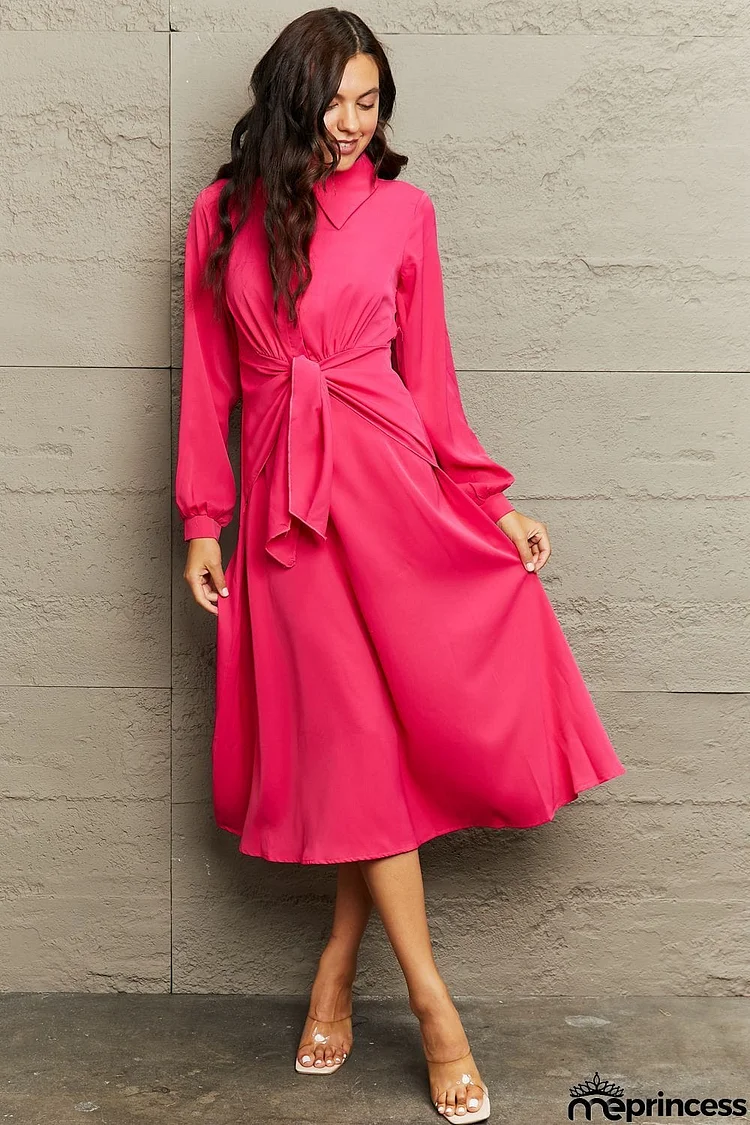 Collared Neck Long Sleeve Twisted Midi Dress