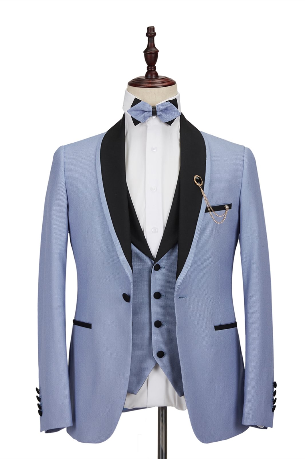 One Button Gentle Light Blue Stitching Black Shawl Lapel Men's Formal Suit for Wedding | Ballbellas Ballbellas