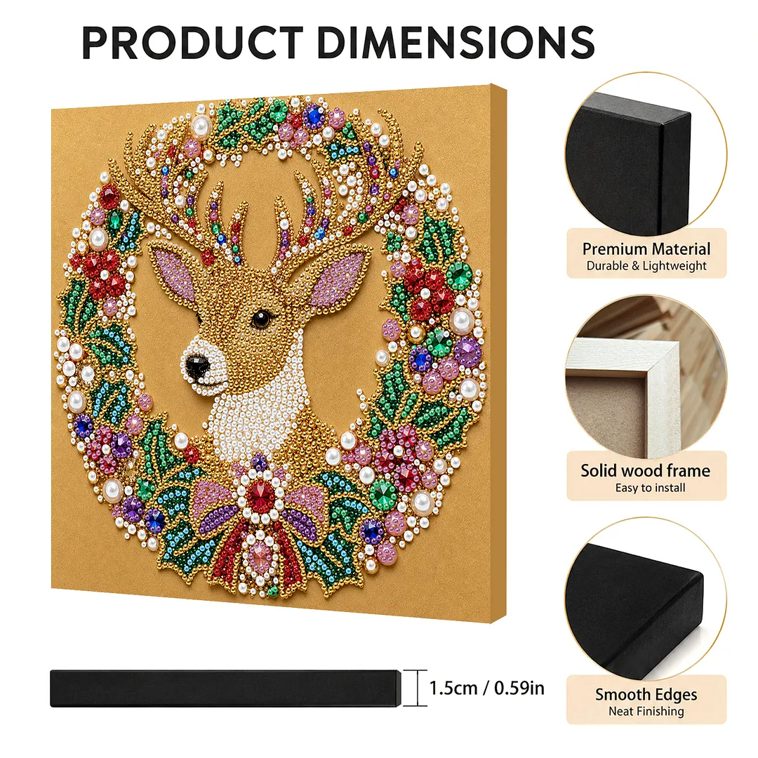Christmas Reindeer Wreath Framed Pearl Painting Kit 25x25cm for Adults