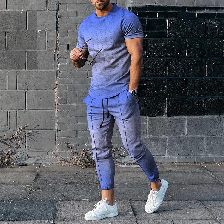 BrosWear Men's Geometric Dark Color Gradient Short Sleeve  T-Shirt And Pants Co-Ord