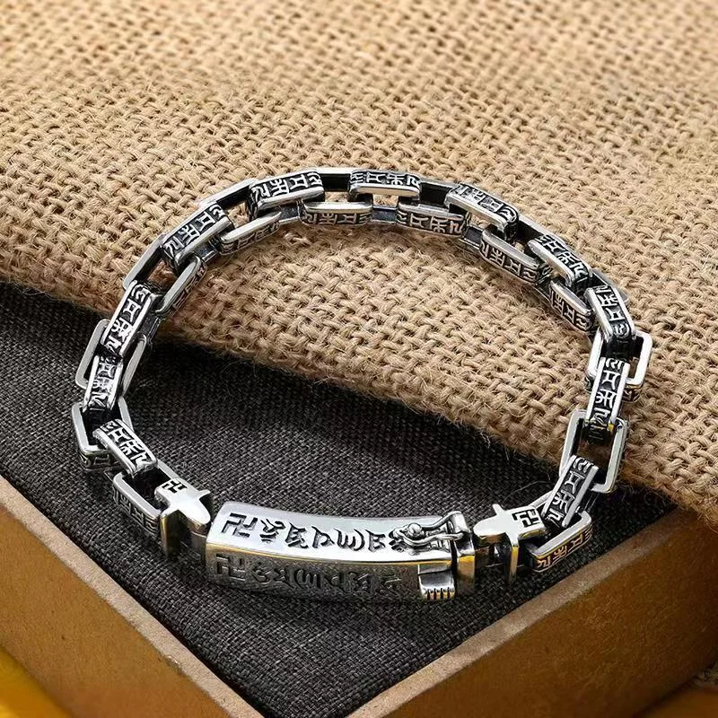 925 Silver Vintage Square Ring Mantra Bracelet