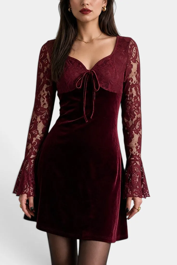 Velvet Dress with Lace Bell Sleeves and Tie Neck
