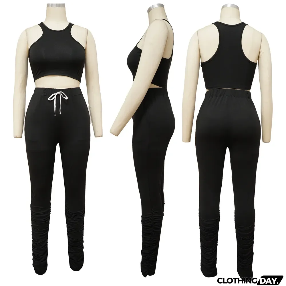 Solid Color Tank Top And Folds Pants Two Piece Sets