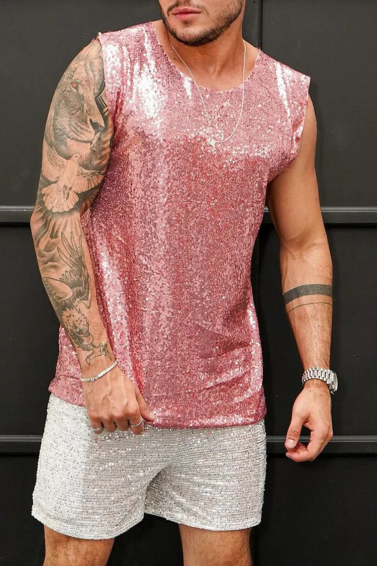 Sequin Sleeveless Round Neck Pink Tank Top [Pre-Order]