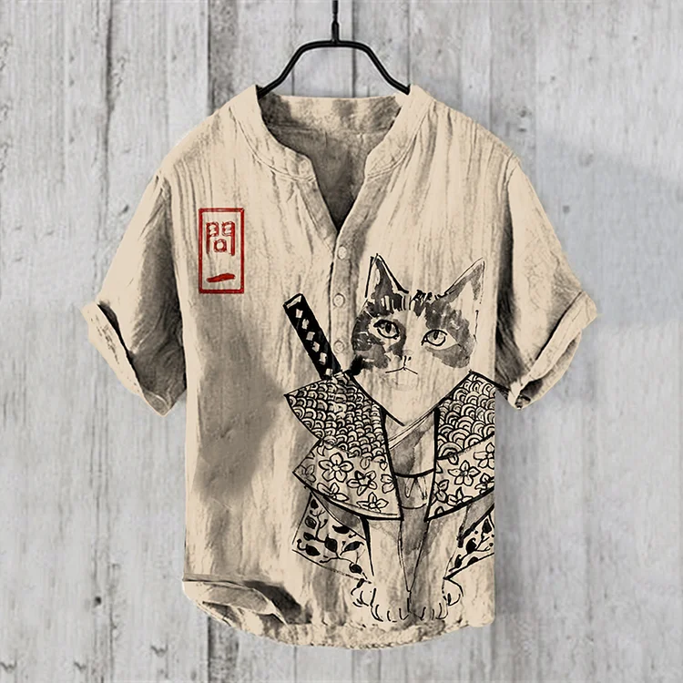 Retro Cat Bushido Japanese Art Print Half Button Linen Blend Shirt