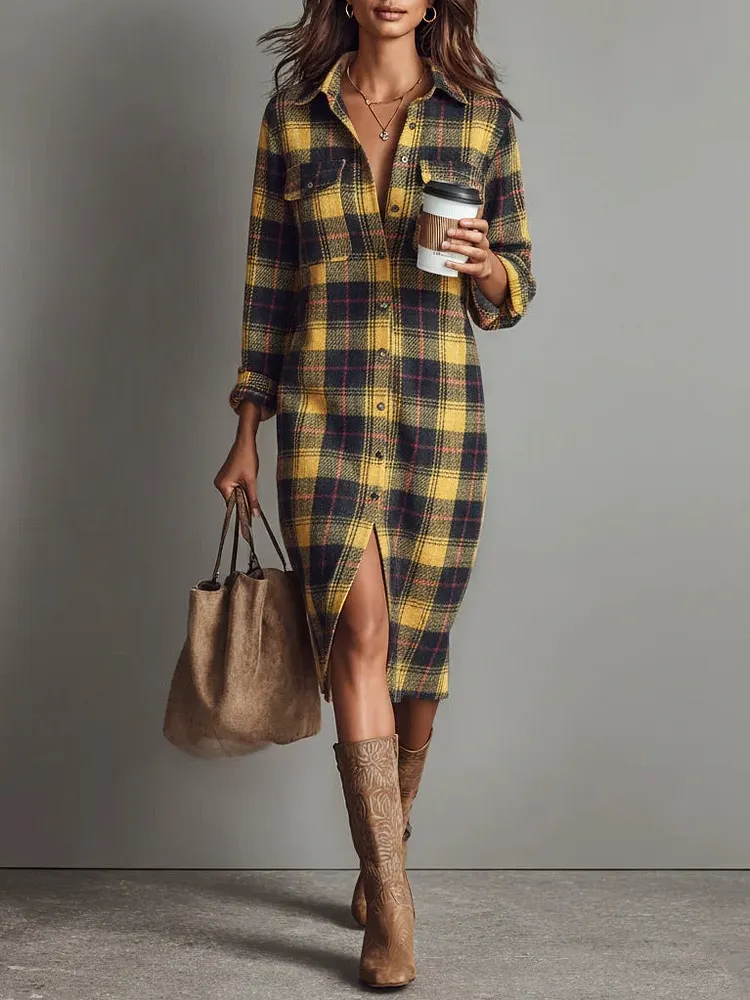 Flannel Plaid Long Sleeve Shirt Midi Dress