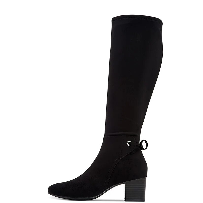TAAFO Black Knee Long Boots High Chunky Heels Women Round Toe Zipper  For Ladies Flower Grommets Shoes
