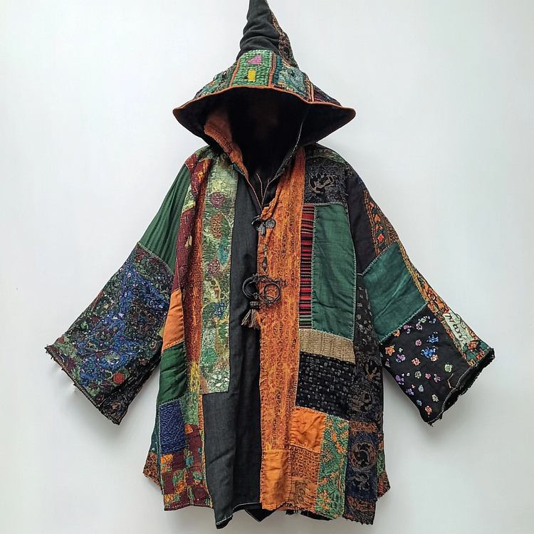 Ethnic print hooded disk-button robe 4674