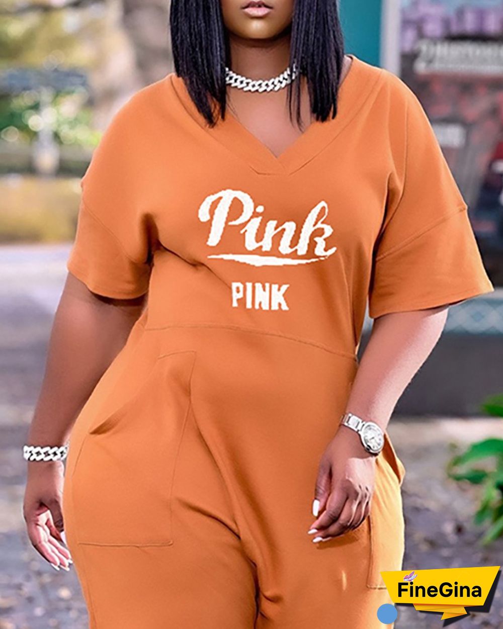Letter Print V-Neck Short Sleeve Pocket Design Jumpsuit