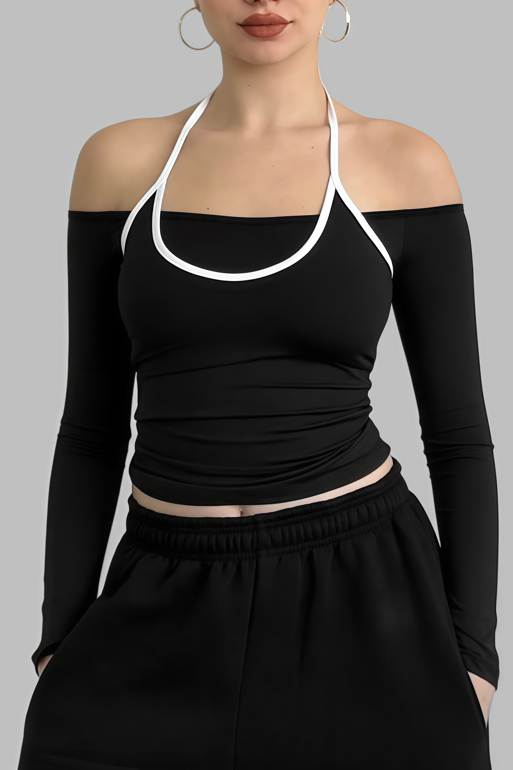 Off-Shoulder Halter Long Sleeve Top with Contrast Trim - HIGIANNA&reg;