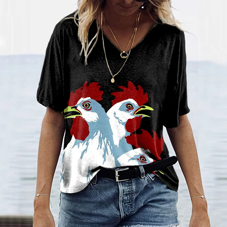 Wearshes Casual Chicken Print Short Sleeve T-Shirt