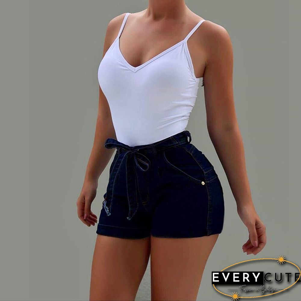 New Women's Fashion High Waist Lace-up Short Denim Jean Casual Denim Short Push Up Skinny Slim Denim Short