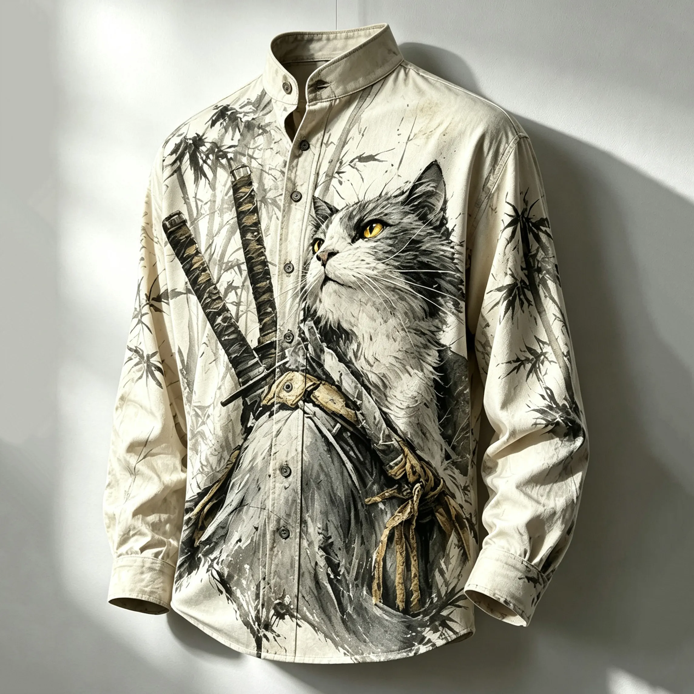 Men's Japanese Bamboo And Samurai Cat Art Pattern Casual Shirt  artssus
