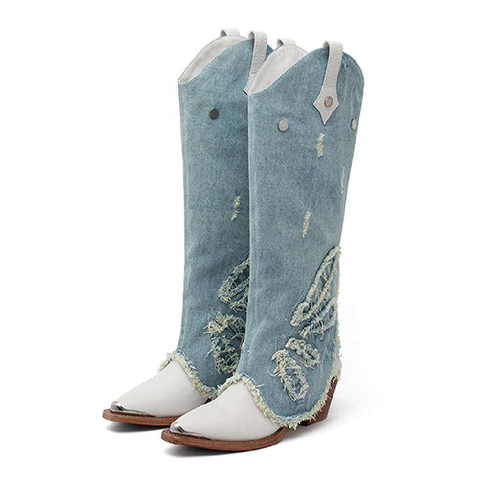 White & Blue Distressed Denim Fold-Over Butterfly Cowgirl Boots Nicepairs