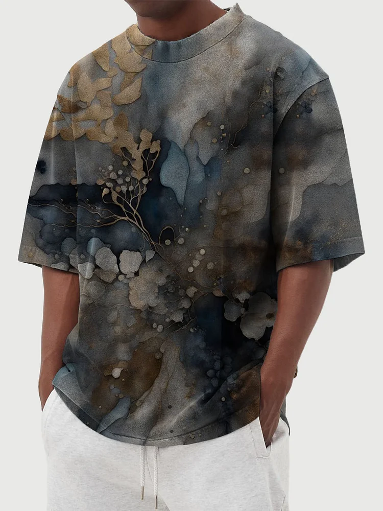 Men's Retro Gold Plated Line Print Short Sleeve T-Shirt