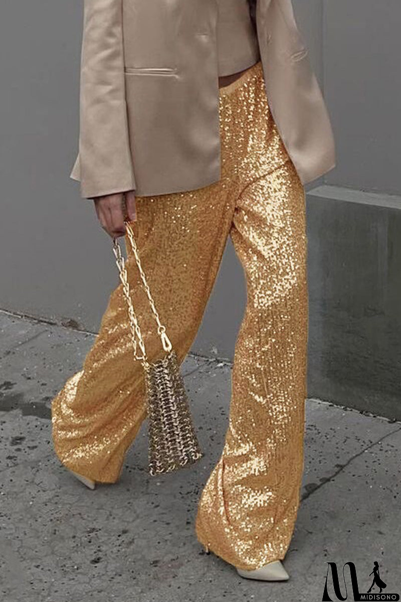 MidiSono - Casual British Style Solid Sequins Loose Low Waist Straight Solid Color Bottoms