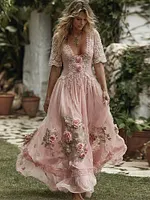 Women's Vintage Pink Floral Lace Art Linen Blend Casual Short Sleeve Maxi Dress