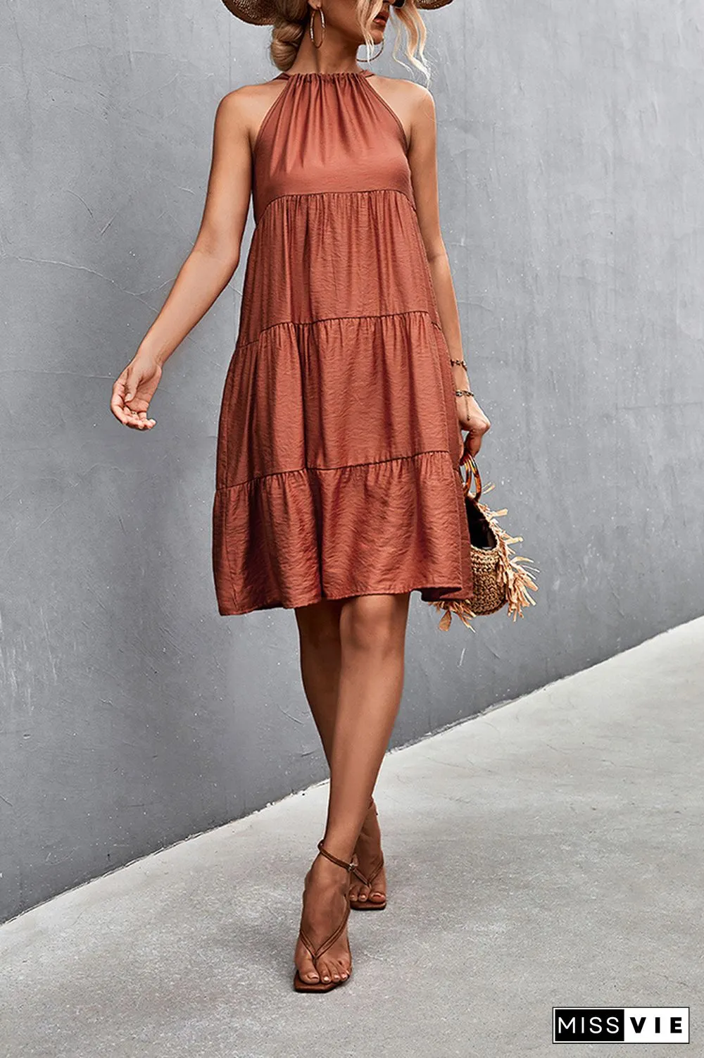 Solid Color Halter Sleeveless Midi Dress Wholesale