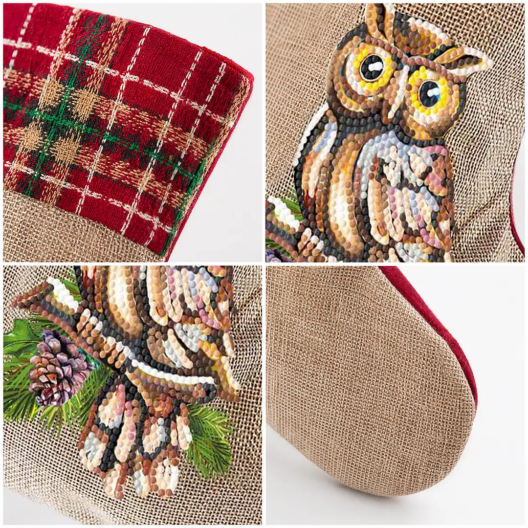 DIY Diamond Painting Christmas Stockings Hanging Ornaments Large Capacity Xmas Socks Pendant Wear Resist Candy Gift Storage Bags for Family Christmas Holiday Party Decoration (Owl)