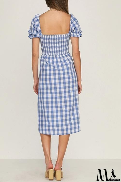 MidiSono - Plaid Square Neck Slit Dress