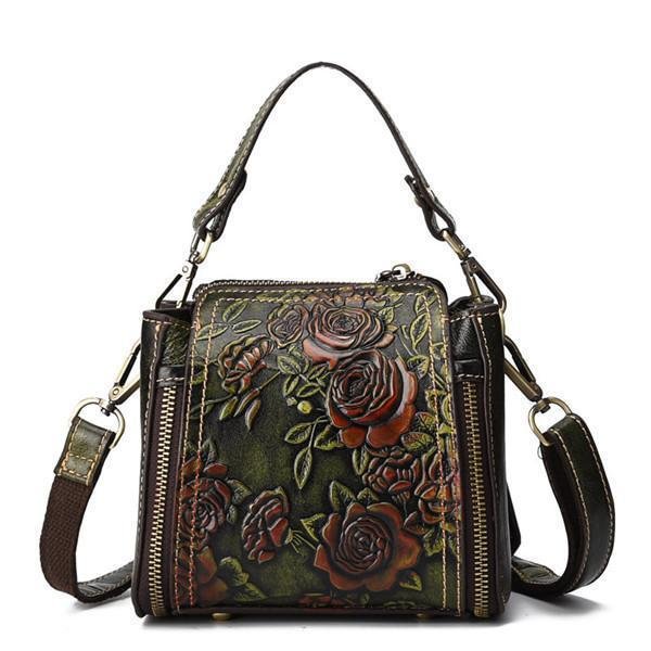 Genuine Leather Handbag Hand Embossed Craft Flower Crossbody Bag - Chicaggo