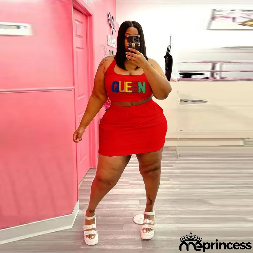 Plus Size Letter Print Tank Top Mini Skirt 2 Piece Sets