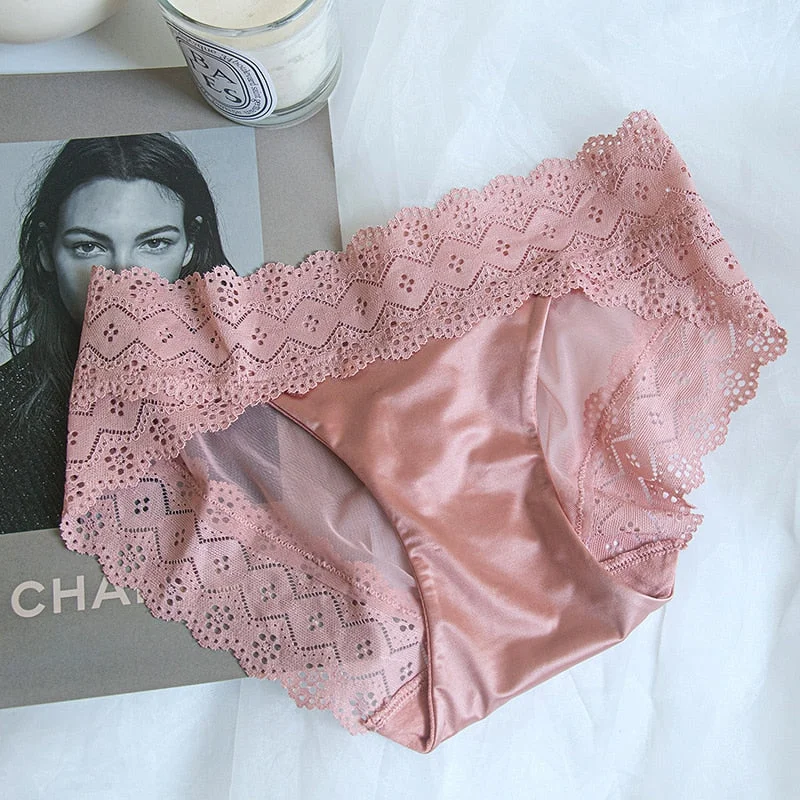 DERUILADY Satin Lace See Through Panties Women Intimates Sexy Hollow Out Underwear Cotton Bottom Seamless Lingerie G String