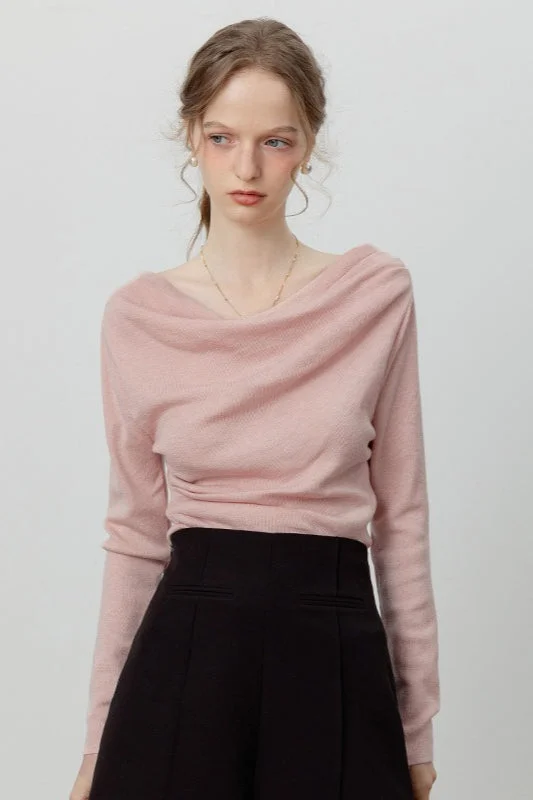 Chic Off Shoulder Tie Waist Cowl Neck Long Sleeve Tee