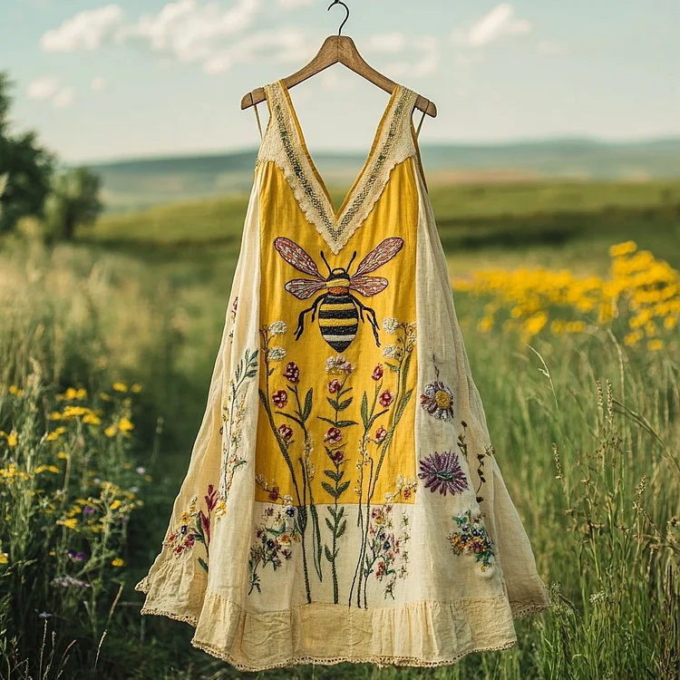 Women's Vintage Bees And Floral Design V-neck Mini Dress