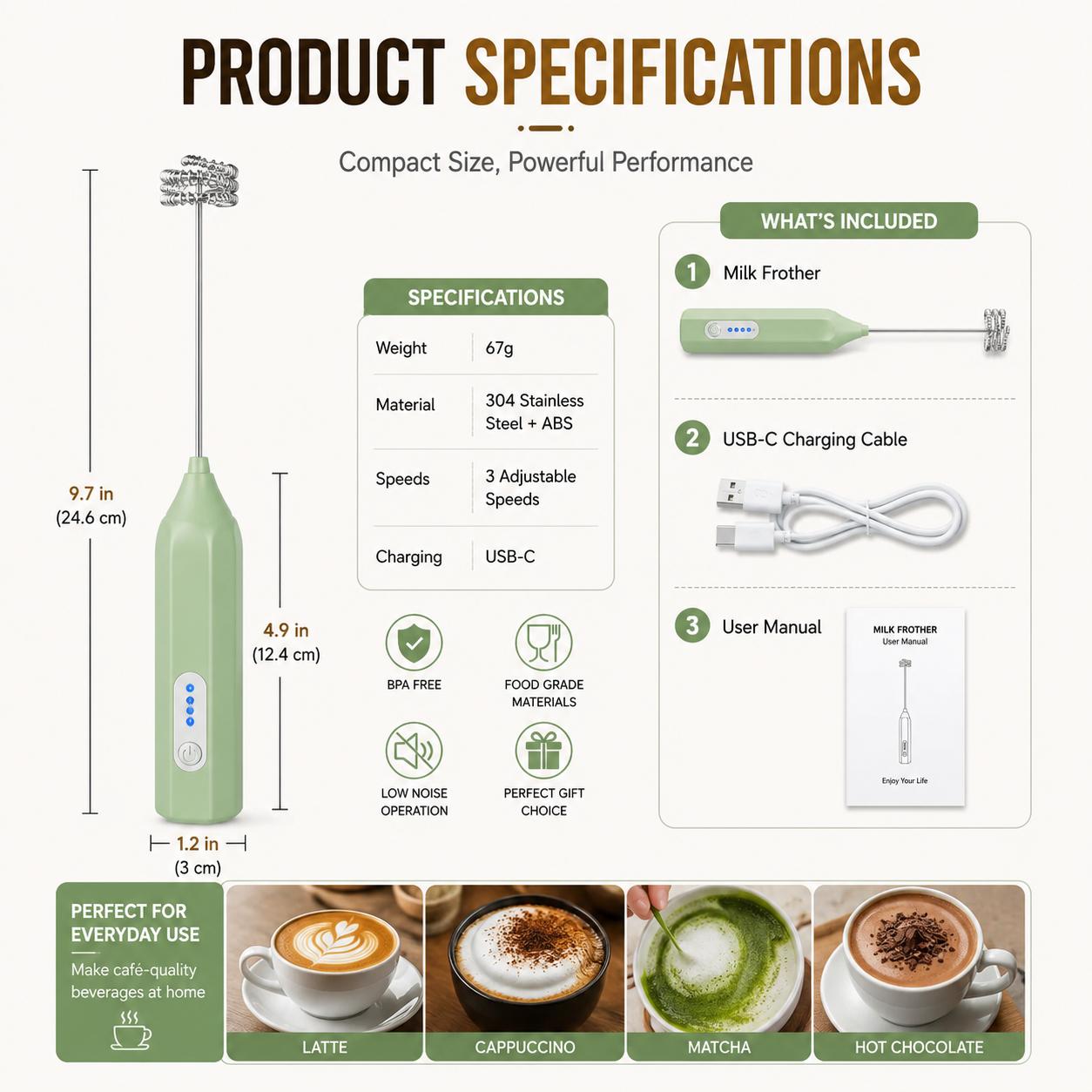 Electric milk frother specifications and package contents