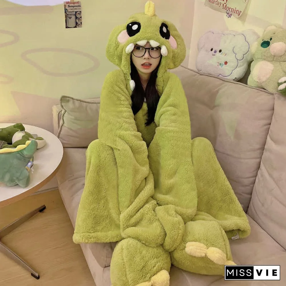 Funny Cartoon Dinosaur Plush Hooded Jumpsuit Pajamas Dress